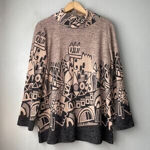 Trisha Tyler Size Large Abstract Artsy Black Tan Geometric Sweater Tunic Novelty